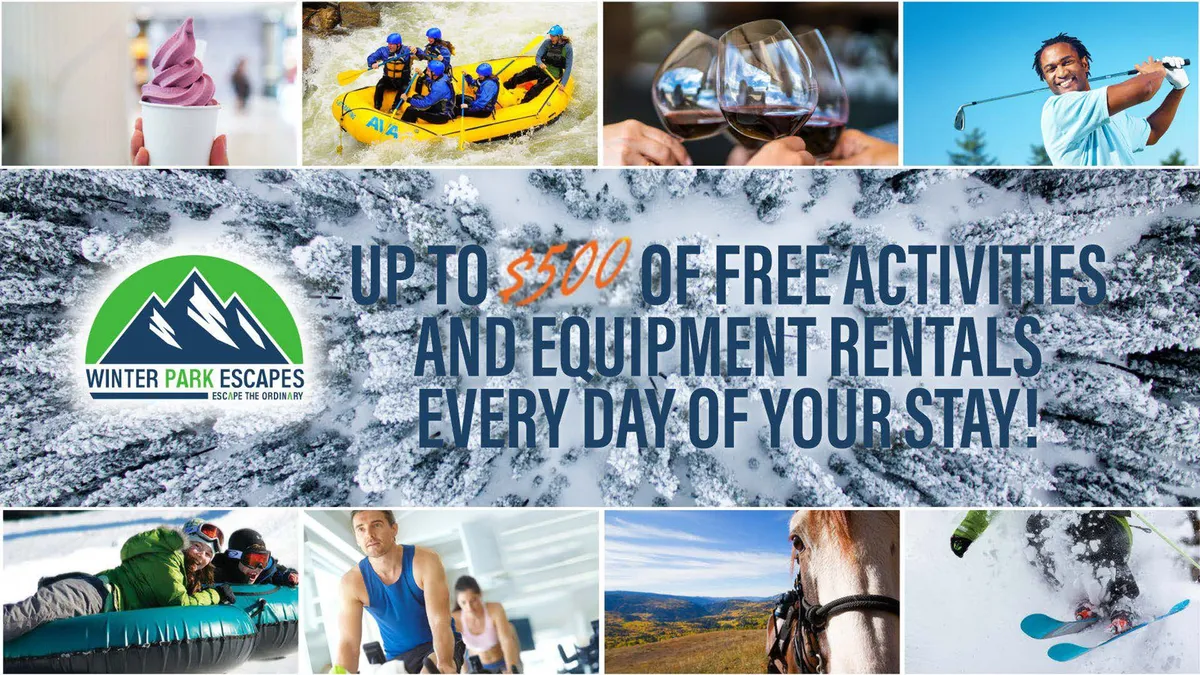 This image shows people engaged in a range of exciting outdoor activities such as white-water rafting, skiing, wine tasting, golfing, horseback riding, and ice skating, all set against a scenic nature backdrop. Promotional text about free activities is included, reinforcing the exclusive offerings for guests.