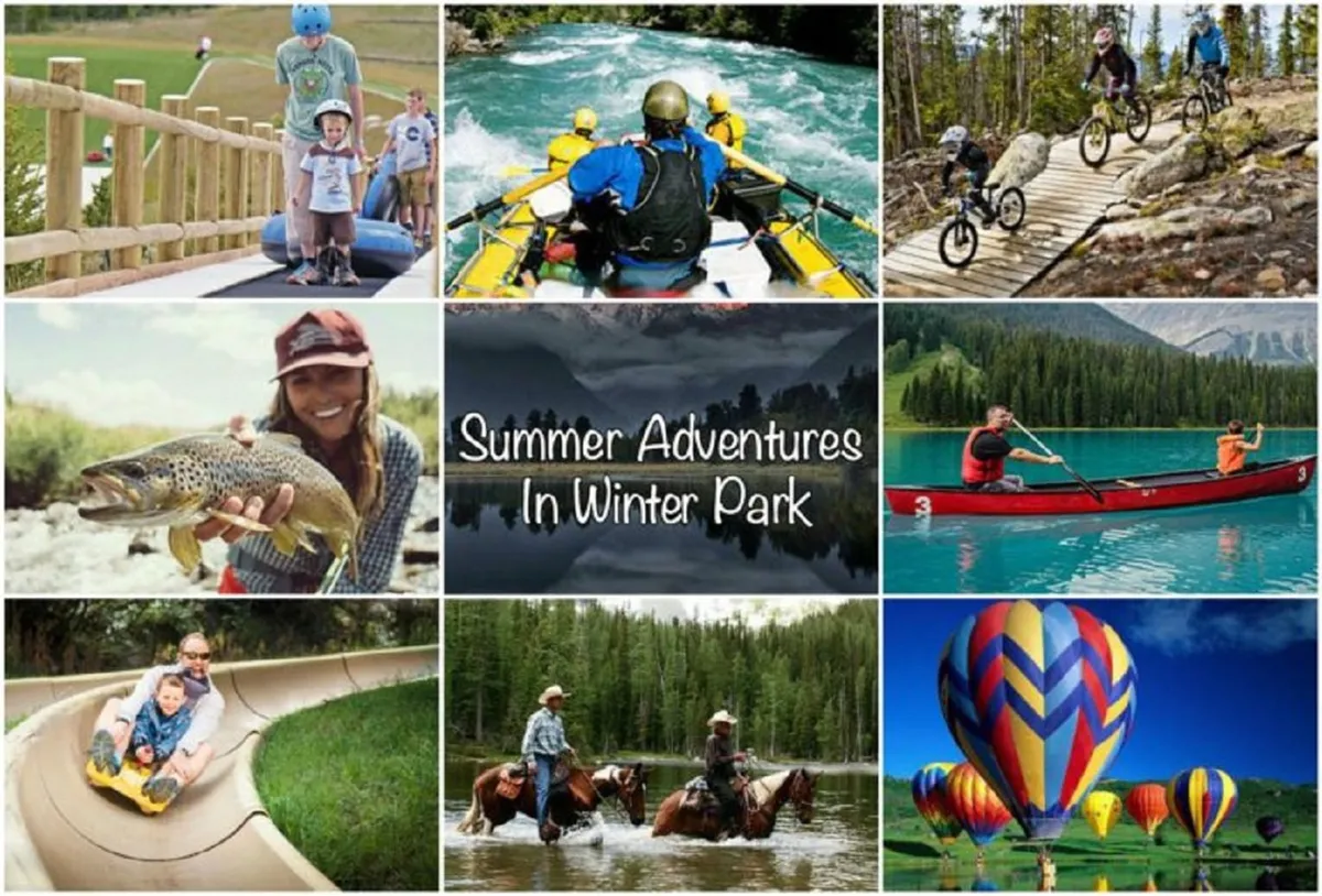 Families and groups are shown enjoying summer activities such as kayaking, biking, fishing, horseback riding, and hot air ballooning in a vibrant outdoor setting, with children laughing and playing near water slides.