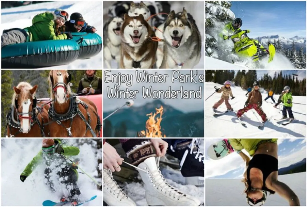 This lively winter scene captures people tubing down snowy hills, huskies for dog sledding, skiers, snowboarders, children playing in the snow, ice skaters, and cozy fireside gatherings, all set outdoors in a festive, snow-filled landscape.